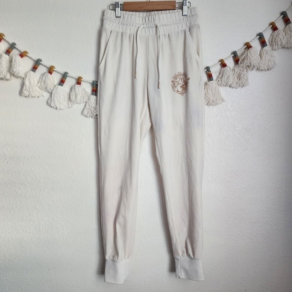 True Religion White Velour Logo Tappered Jogger Pants Lounge Comfort Basics XS